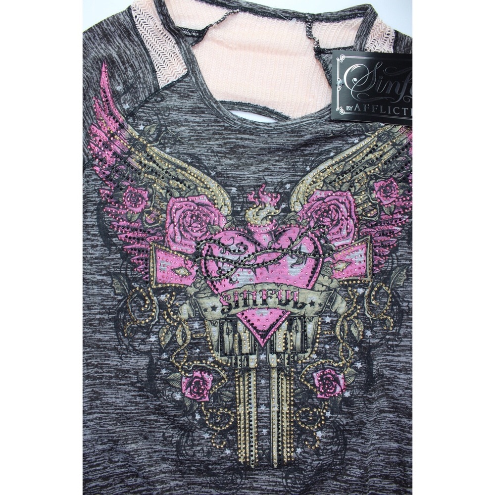 Sinful By Affliction Shoot to Thrill Edgy & Bejeweled Bling Open Back Top XS